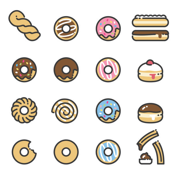 Donuts - line art icons Line art icons of donuts. All kinds of donuts, chocolate, strawberry, iced, frosted, jelly, twists, french crullers, glazed and cinnamon roll. doughnut stock illustrations