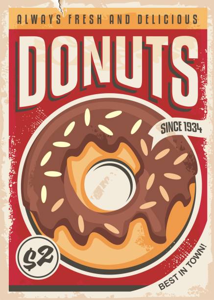 ilustrações, clipart, desenhos animados e ícones de projeto retro relativo à promoção do poster dos donuts - lanchonete