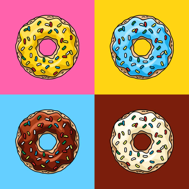 donuts mit schokolade, zitrone, blauer minze und weißer glasur und farbigen streuseln. vektor-illustration - homer simpson stock-grafiken, -clipart, -cartoons und -symbole