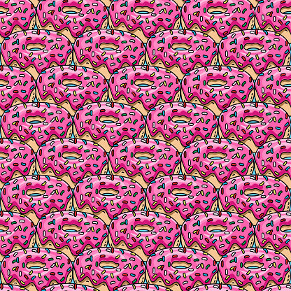 Donuts with pink glaze and colored sprinkles. Seamless pattern. Texture for fabric, wrapping, wallpaper. Pink donuts background.Decorative print.