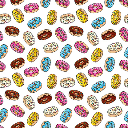Donuts with pink glaze, chocolate donut, lemon, blue mint donut's glaze  on white background..  Seamless pattern. Texture for fabric, wrapping, wallpaper. Decorative print