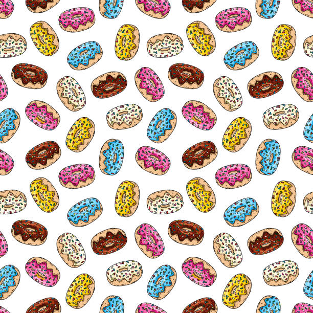 donuts mit rosa glasur, schokolade donut, zitrone, blaue minze donut glasur auf weißem hintergrund..  nahtloses muster. textur für stoff, verpackung, tapete. dekorativer druck - homer simpson stock-grafiken, -clipart, -cartoons und -symbole