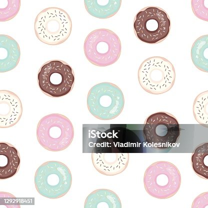 istock Donuts with pink icing. Seamless white pattern. Background for cafes, restaurants, coffee shops, catering. Design texture for menu, booklet, banner, website. Vector illustration. 1292918451