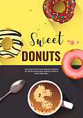 Donuts with various topping and coffee. Donut Shop, Sweet products, Bakery, Confectionery, Dessert, Breakfast concept. A4 vector illustration for poster, banner, flyer, commercial, cover.