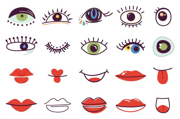 Doodle abstract face elements. Femal lips, isolated color eyes. Faces parts, lady bohemian decorations. Funny red lip, doodle modern fashion decent vector elements vector art illustration