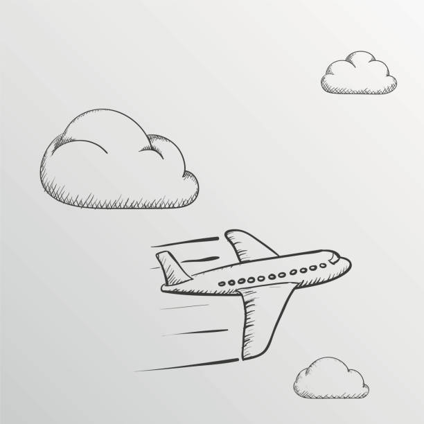 Doodle Airplane Airplane is flying in the clouds. Doodle image. Stock Vector illustration. airplane drawings stock illustrations