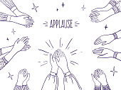 istock Doodle applause. Happy people hands, high five illustration, sketch draw of clapping hands. Vector agreement and success concept 1150213902