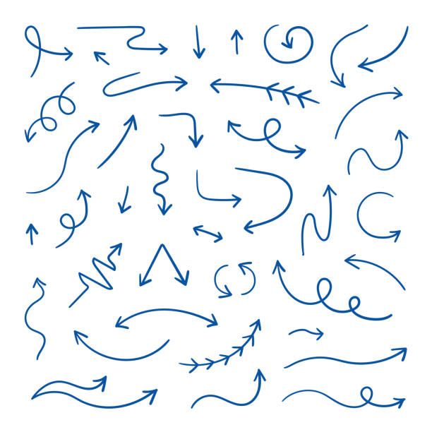 doodle-pfeile. lineare handgezeichnete richtungspfeile, stiftskizze gestaltungselemente. wavy loop-line pfeile. vector doodle-designelemente - pfeilzeichen stock-grafiken, -clipart, -cartoons und -symbole