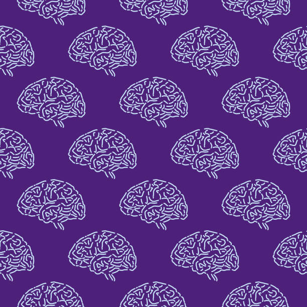 Doodle Brains Seamless Pattern Vector seamless pattern of light blue doodled brains on a purple square background. brain designs stock illustrations
