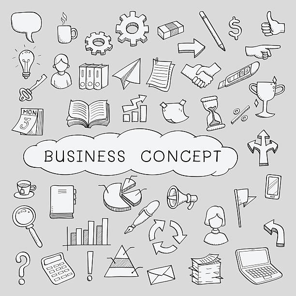 doodle business concept icons Doodles in business object and concept icons set. Sketching, hand writing, vector illustration. award drawings stock illustrations