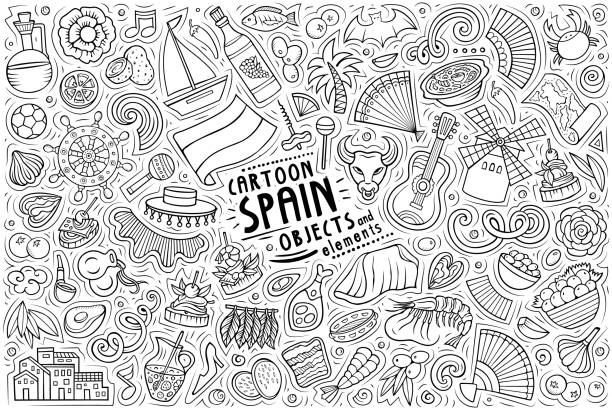 bildbanksillustrationer, clip art samt tecknat material och ikoner med doodle tecknad uppsättning av spanien objekt och symboler - kastanjetter