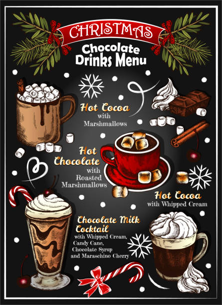 Doodle chalk drawing Christmas chocolate drinks menu on blackboard. Doodle chalk drawing Christmas chocolate drinks menu on blackboard. Sketch hand drawn banner of hot drinks, marshmallow, cinnamon, candy cane, whipped cream, New Year's cocktails. Vector illustration. eggnog stock illustrations