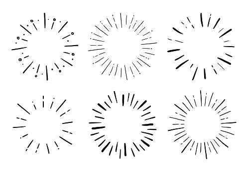 Doodle circle sunburst, sparkle ray set. Hand drawn sketch style. Shine frame symbol for badge. Vector illustration.