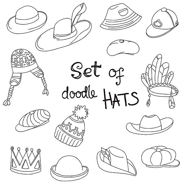 doodle kolekcji kapeluszy: kowboj, indyjski, korony, polowanie, bowle - robin hood stock illustrations