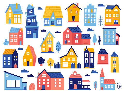 Doodle cottages. Cute tiny town houses, minimal suburban houses, residential town buildings vector icons. Exterior tiny village building, illustration of home cartoon architecture, urban residential