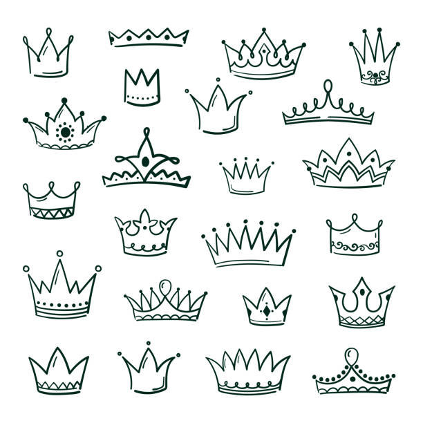 Doodle crowns. Sketch crown queen king coronet urban grunge ink art crowning vintage coronal icons majestic tiara isolated vector set Doodle crowns. Sketch crown queen king coronet urban grunge ink art crowning vintage coronal icons majestic tiara isolated vector image set crown headwear stock illustrations