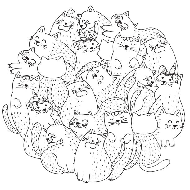 Doodle cute cats coloring page. Funny circle shape print Doodle cute cats coloring page. Funny circle shape print. Vector illustration cute cat coloring pages stock illustrations