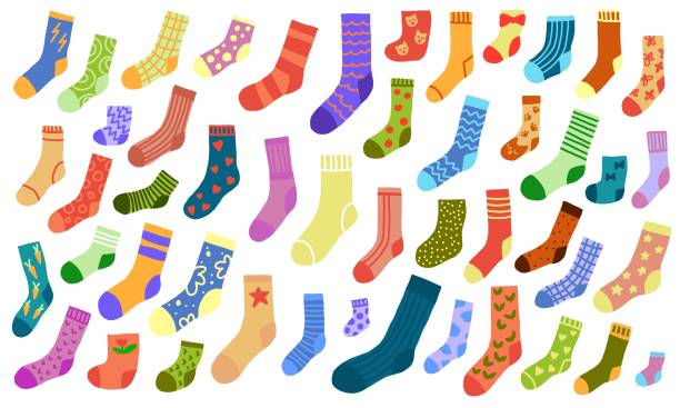 Doodle digital drawing Hand drawn sock collection. Doodle socks with different texture and color. Winter trendy clothing items sock stock illustrations
