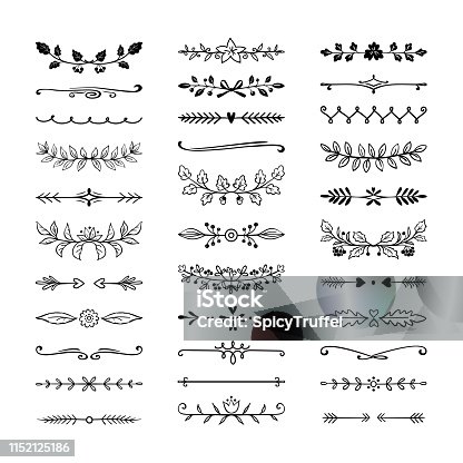 istock Doodle dividers. Hand drawn line borders, wedding decoration elements, nature floral laurel. Vector divider pencil sketch 1152125186