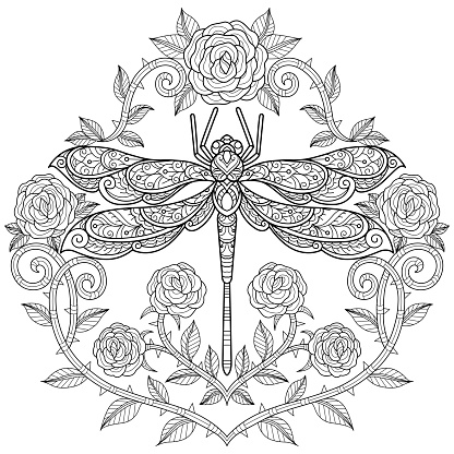 doodle Dragonfly with rose heart s adult coloring page, Illustration  style.