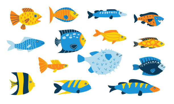 Doodle fish drawing. Summer abstract minimalistic water animals with simple ornamental pattern, happy fish characters. Blue and yellow underwater fauna. Vector cartoon isolated set vector art illustration