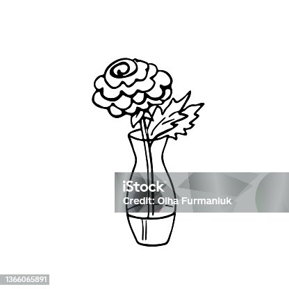 istock Doodle flower in vase,hand drawn sketch with rose.Romantic decoration,gift to holiday.Simple floral drawing, still life. 1366065891
