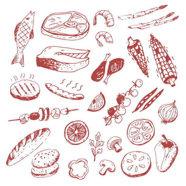 bildbanksillustrationer, clip art samt tecknat material och ikoner med doodle mat samling. fisk, kött, grönsaker och andra olika saker. skissartad stil. - fisk med stekt svamp