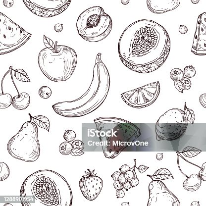 istock Doodle fruits seamless pattern. Sketch fresh organic berries vector endless texture 1288901954