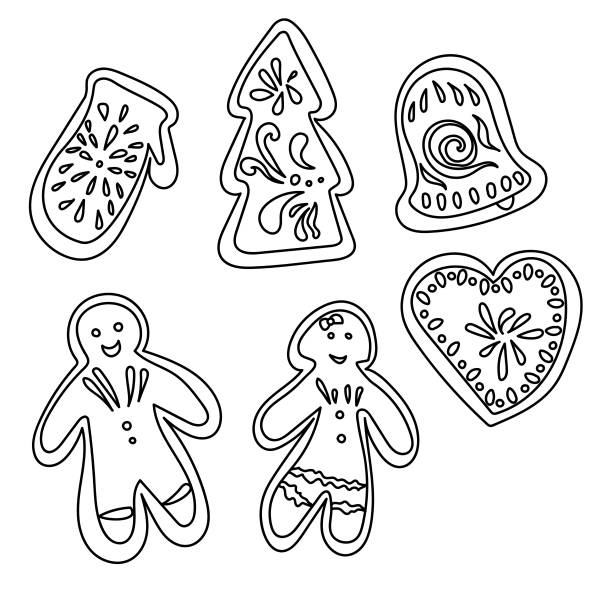 Doodle gingerbread outline, Christmas coloring page, various x-mas cookies, cute vector illustration Doodle gingerbread outline, Christmas coloring page, various x-mas cookies, cute vector illustration for design and creativity gingerbread man coloring page stock illustrations
