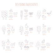 vector doodle ice cream and ingredients. hand drawn illustration for menu, recipe, kitchen, cafe stuff.