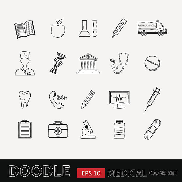 Doodle icons medical set Doodle Healthcare icons .With:thermometer stethoscope tablet capsule apple ambulance syringe tooth medical card Hospital Medical plaster phone computer microscope flask sheet appointment book doctor drawings stock illustrations