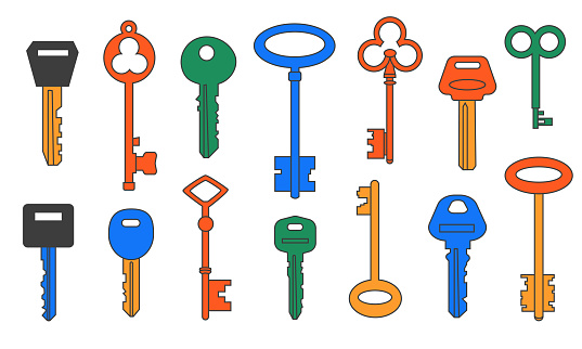 Doodle keys. Vintage and modern latchkey from home or office doors. Opener types. Safe and security concept. Isolated lock opening elements set. Protection and secure. Vector collection