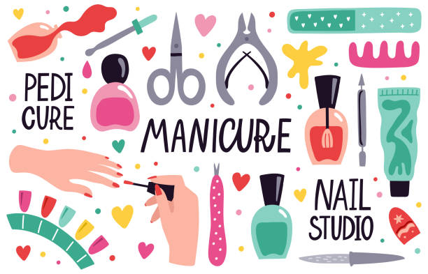 Doodle manicure equipment. Nail manicure tools, scissors, nail polish, tweezers and nail file, manicure accessories vector illustration set Doodle manicure equipment. Nail manicure tools, scissors, nail polish, tweezers and nail file, manicure accessories vector illustration set. Beauty salon, fingernails care and treatment nail polish bottle stock illustrations