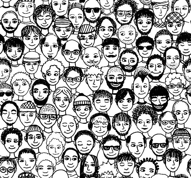 Doodle men (seamless pattern) Hand drawn seamless pattern of a crowd of different men from diverse ethnic backgrounds avatar drawings stock illustrations