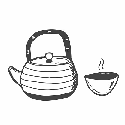 A doodle of a teapot and tea cup. Tea time or ceremony concept. Vector sketch. Chinese teapot