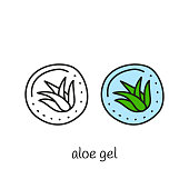 Doodle outline and colored aloe gel or cream isolated on white background.