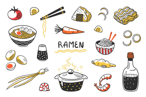 Doodle Ramen. Chinese hand drawn noodle soup with food sticks bowls and ingredients. Vector Asian food sketch set Doodle Ramen. Chinese hand drawn noodle soup with food sticks bowls and ingredients. Vector Asian food sketch set with egg noodles and other cooking products pasta drawings stock illustrations
