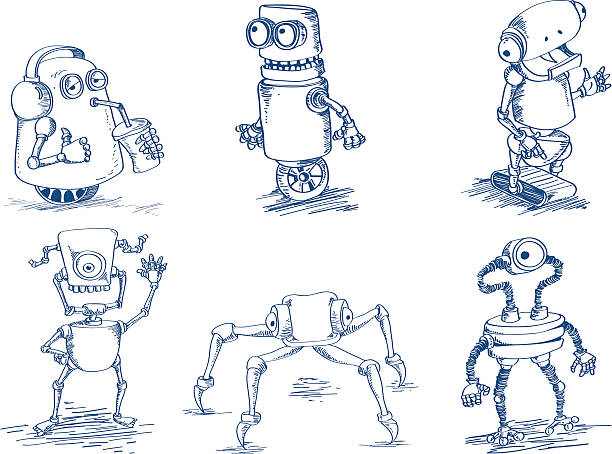 doodle robots doodle robots vector illustration robot drawings stock illustrations