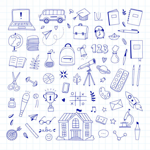 doodle school illustration set. school clipart vector collection. hand drawn back to school set - 學校建築 幅插畫檔、美工圖案、卡通及圖標