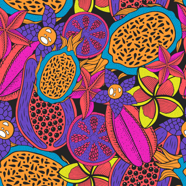 Doodle seamless pattern on dark backdrop. Vector pattern. Neon colors rainforest texture. Bright fashion background. Tropical nature colorful design. Tropical bright backdrop. Sweet fruit. Doodle seamless pattern on dark backdrop. Vector pattern. Neon colors rainforest texture. Bright fashion background. Tropical nature colorful design. Tropical bright backdrop. Sweet fruit. tropical fruit stock illustrations