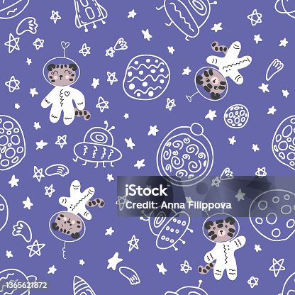 istock Doodle seamless pattern with astronauts tigers cubs in space. Perfect for T-shirt, textile and print. Hand drawn vector illustration for decor and design. 1365621872