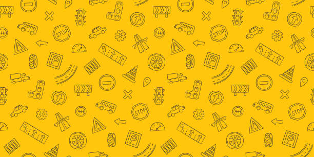 Doodle seamless pattern with cars, road signs, markings and traffic lights. Doodle seamless pattern with cars, road signs, markings and traffic lights. Fabric print. Hand drawn vector illustration on yellow background car patterns stock illustrations
