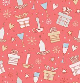 Doodle seamless pattern with gifts, candles, goblets
