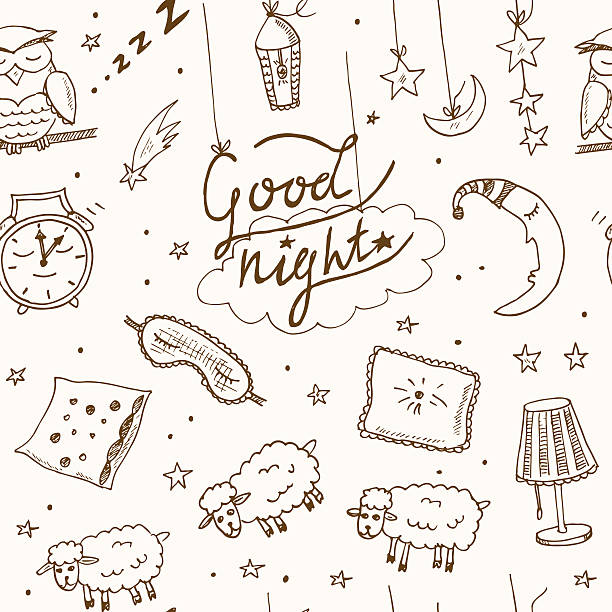 Doodle seamless pattern with images about good night Doodle seamless pattern images about good night Vector illustration sleeping patterns stock illustrations