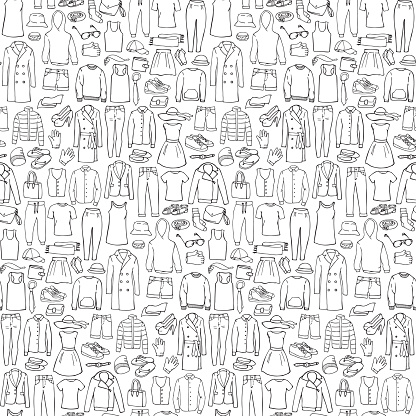 Doodle seamless pattern with man and woman clothes