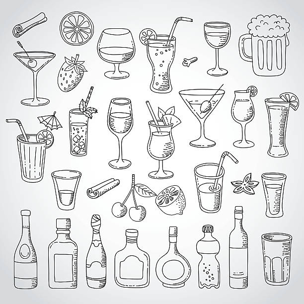 doodle set cocktail and drink doodle food icons, kitchen, hand drawn, Vector illustration. White background alcohol drink drawings stock illustrations