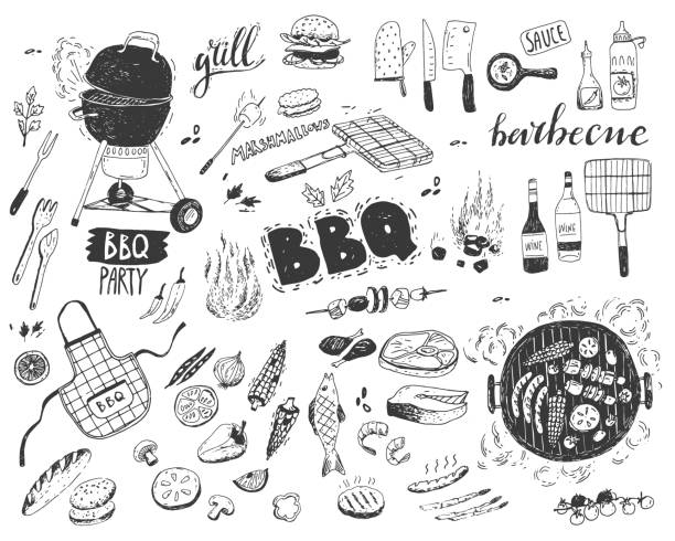 bildbanksillustrationer, clip art samt tecknat material och ikoner med bbq doodle uppsättning. olika element, mat, grönsaker, fisk och kött, utrustning. vektorillustration. - fisk med stekt svamp
