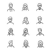 Doodle set of avatar office workers, cheerful people, hand-drawn icon style, character design, vector illustration.