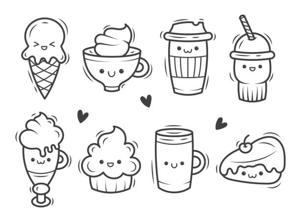 doodle set of cute kawaii drinks coffee tea bubble tea cake isolated vector