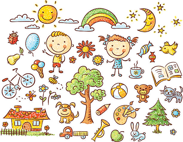 ilustraciones, imágenes clip art, dibujos animados e iconos de stock de conjunto de garabatos objetos de un niño de la vida - candy canes